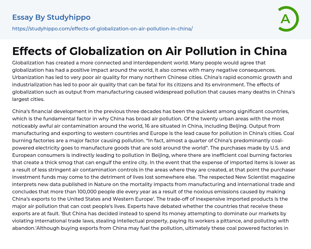 Effects of Globalization on Air Pollution in China Essay Example