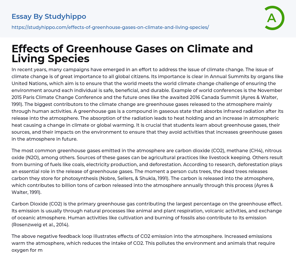 Effects of Greenhouse Gases on Climate and Living Species Essay Example