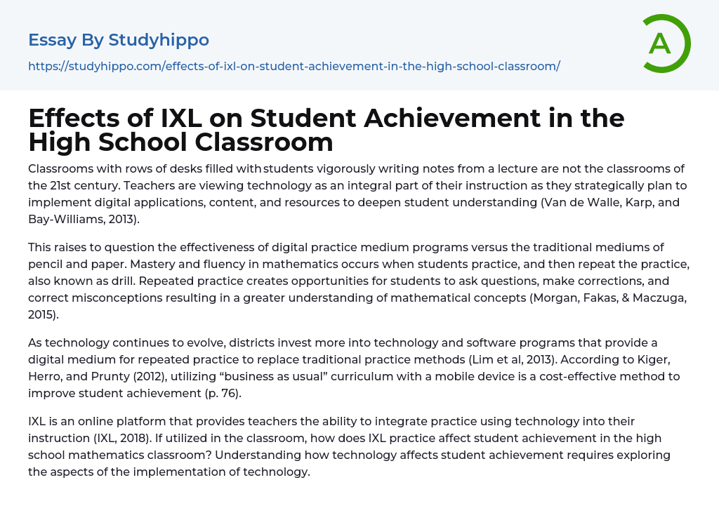 Effects of IXL on Student Achievement in the High School Classroom Essay Example
