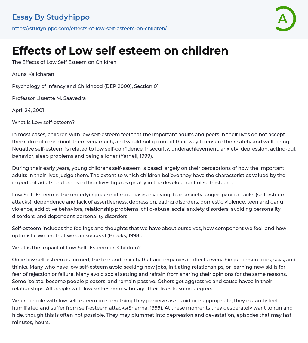 Effects of Low self esteem on children Essay Example
