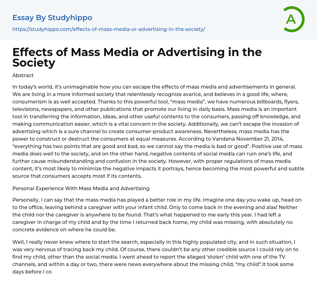 Effects of Mass Media or Advertising in the Society Essay Example