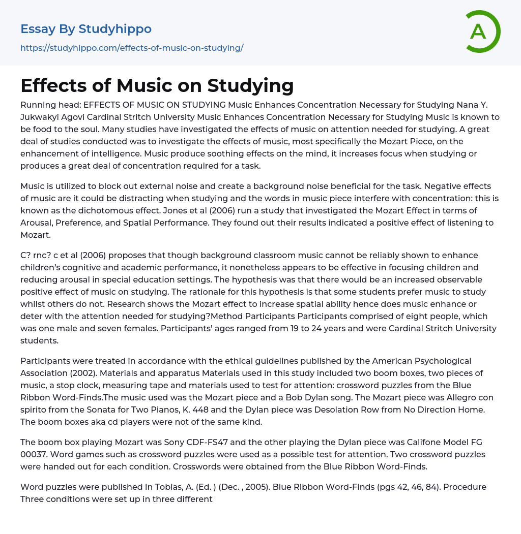 Effects of Music on Studying Essay Example