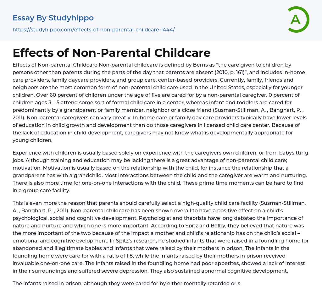 Effects of Non-Parental Childcare Essay Example