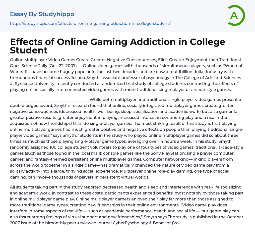 Effects of Online Gaming Addiction in College Student Essay Example