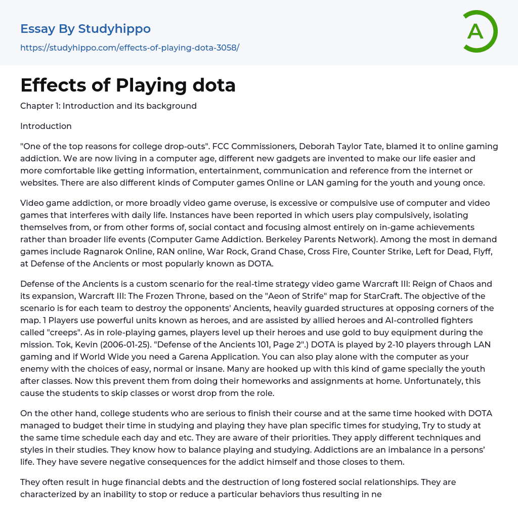Effects of Playing dota Essay Example