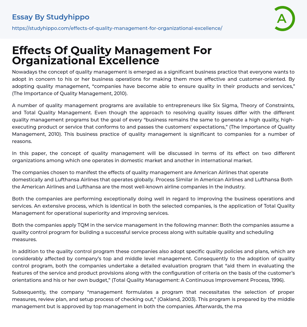 Effects Of Quality Management For Organizational Excellence Essay Example