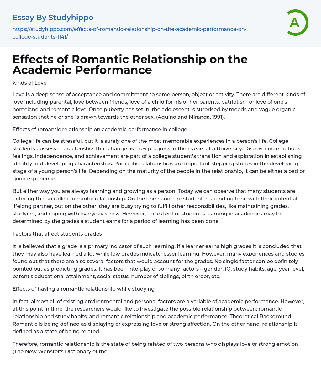 Effects of Romantic Relationship on the Academic Performance Essay Example