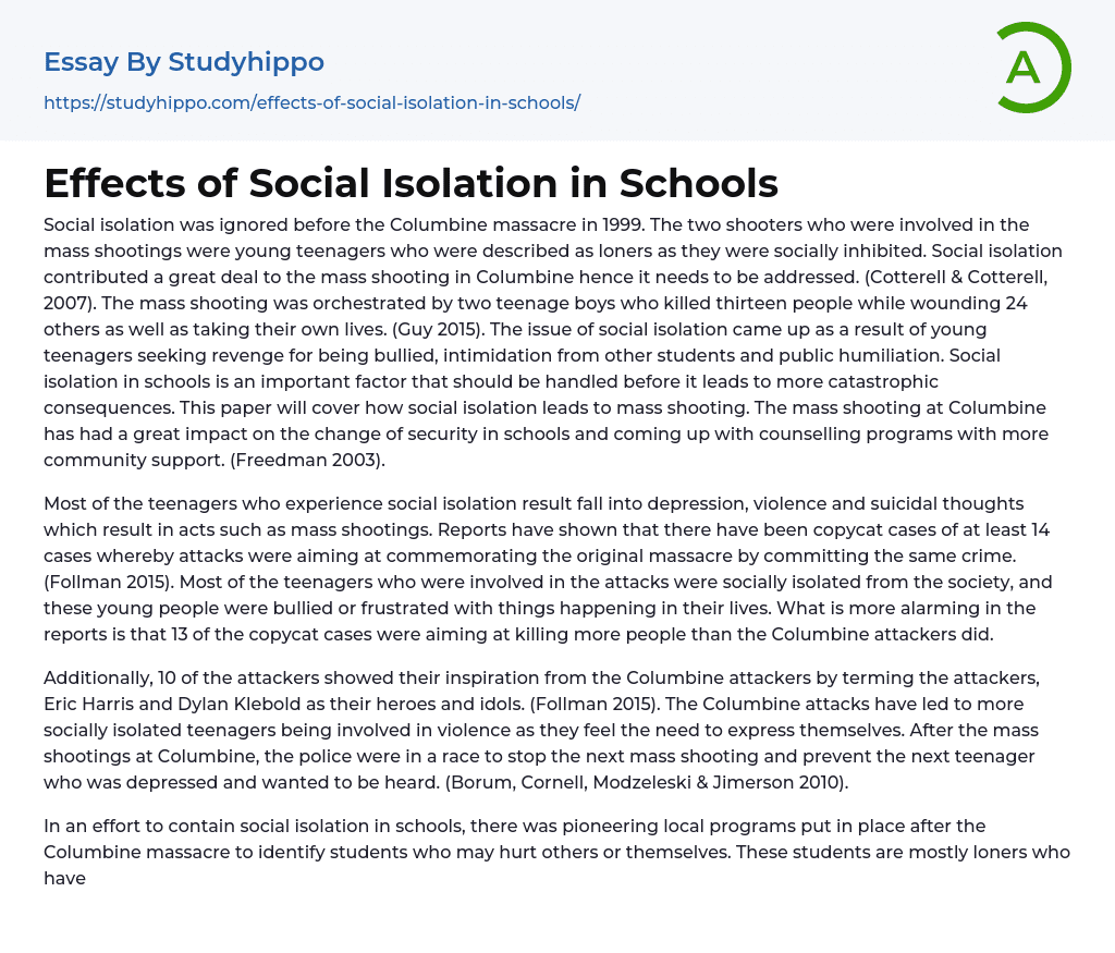 Effects of Social Isolation in Schools Essay Example