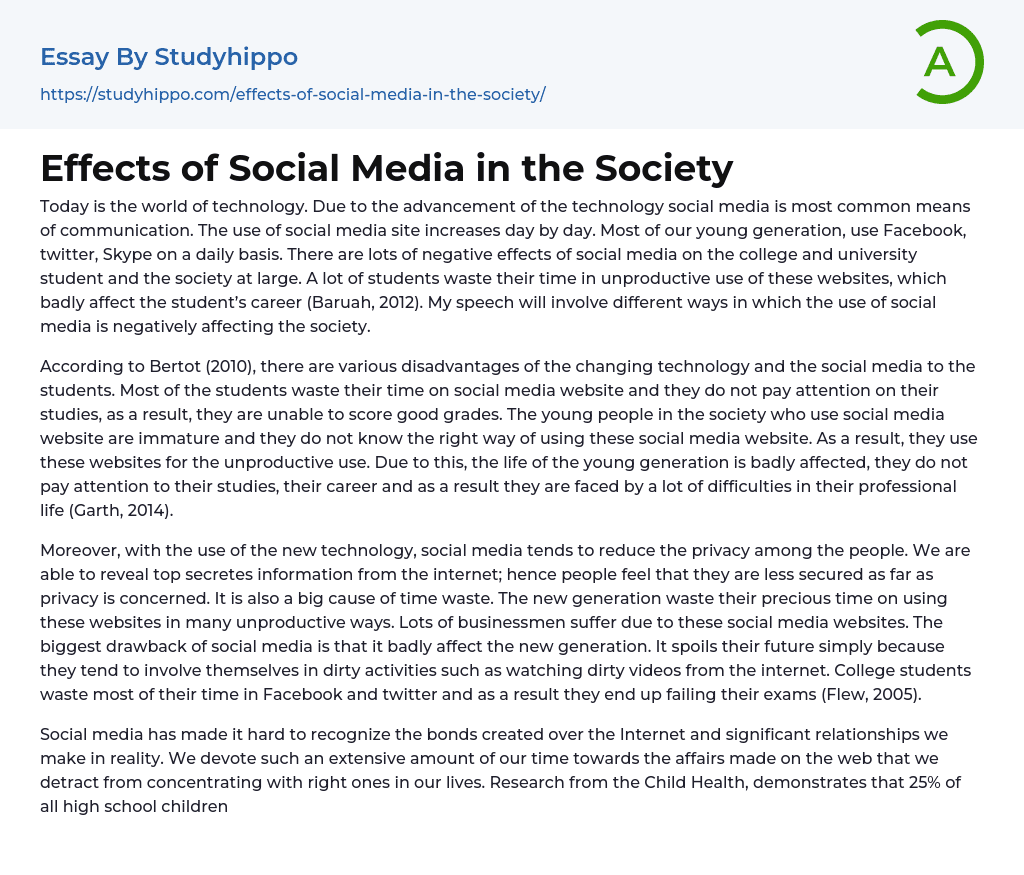 Effects of Social Media in the Society Essay Example