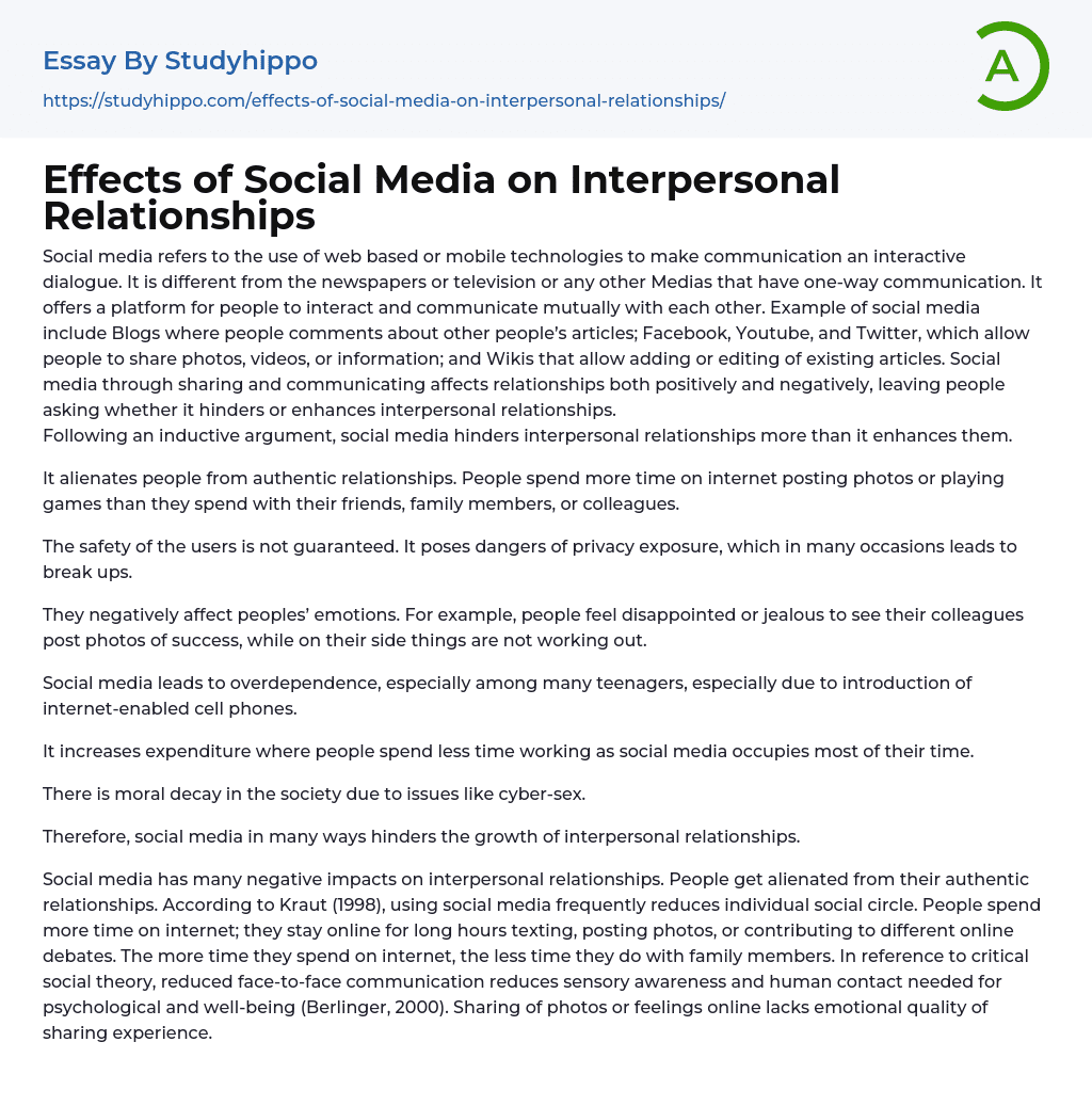 Effects of Social Media on Interpersonal Relationships Essay Example