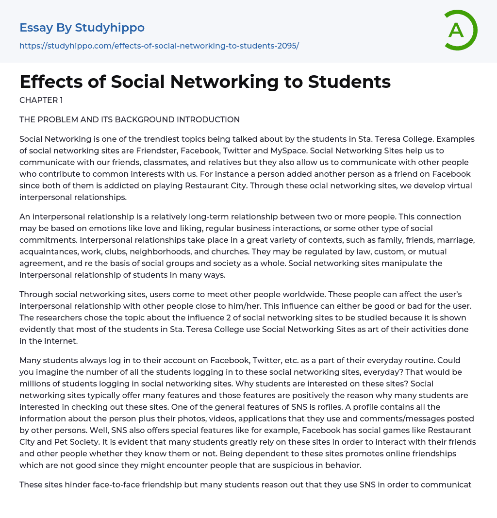 Effects of Social Networking to Students Essay Example