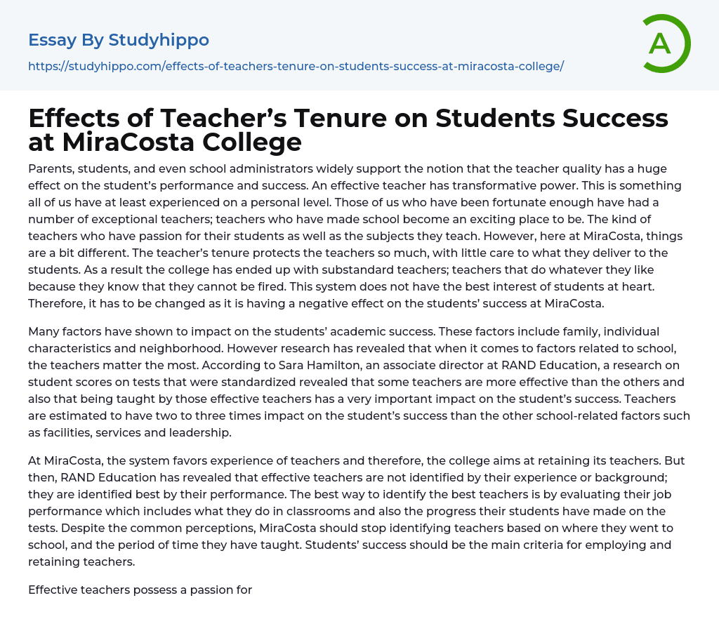 Effects of Teacher’s Tenure on Students Success at MiraCosta College Essay Example