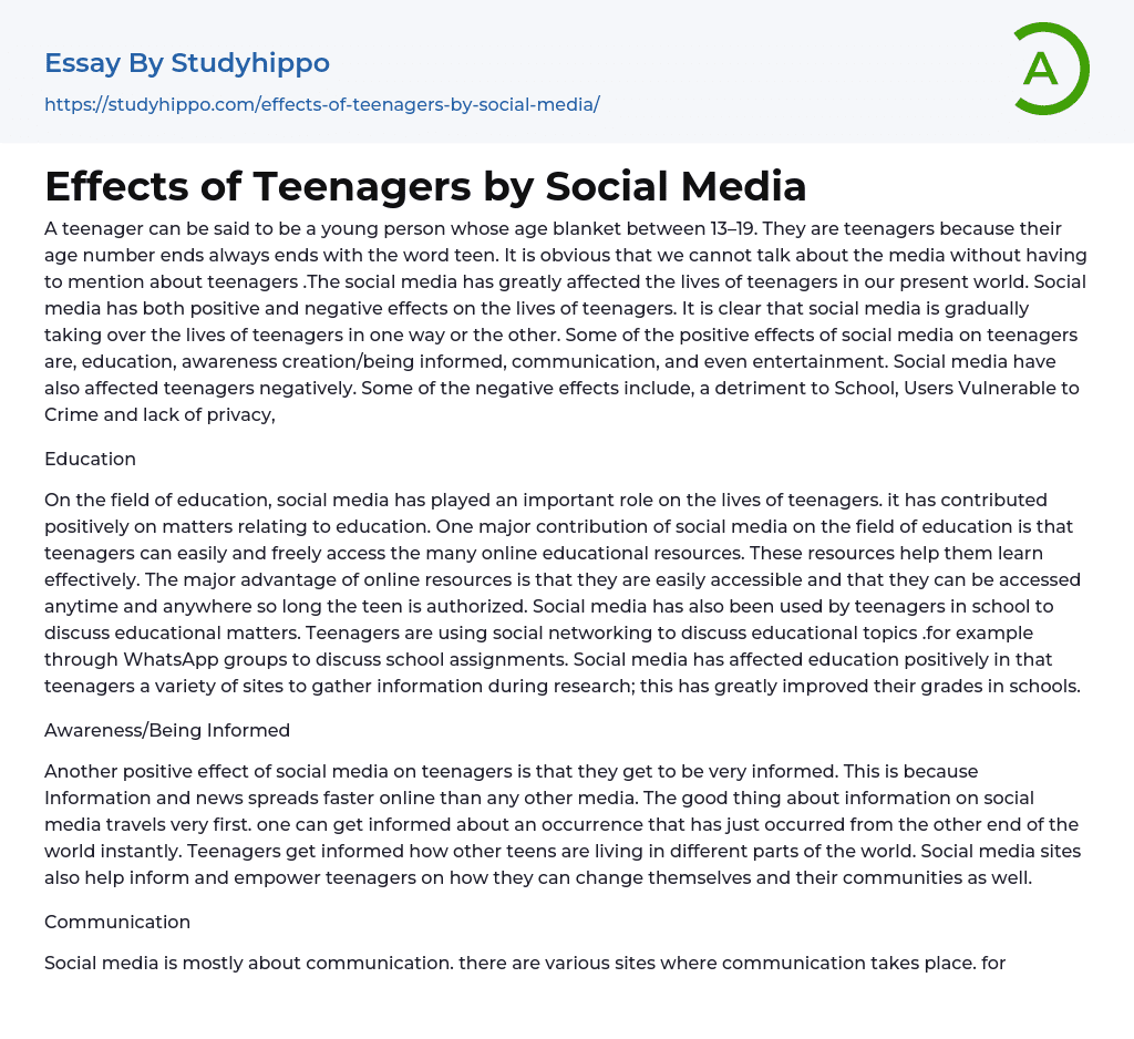 Effects of Teenagers by Social Media Essay Example