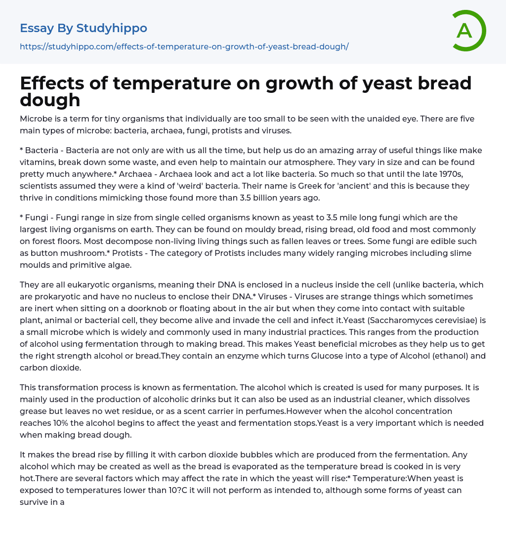 Effects of temperature on growth of yeast bread dough Essay Example