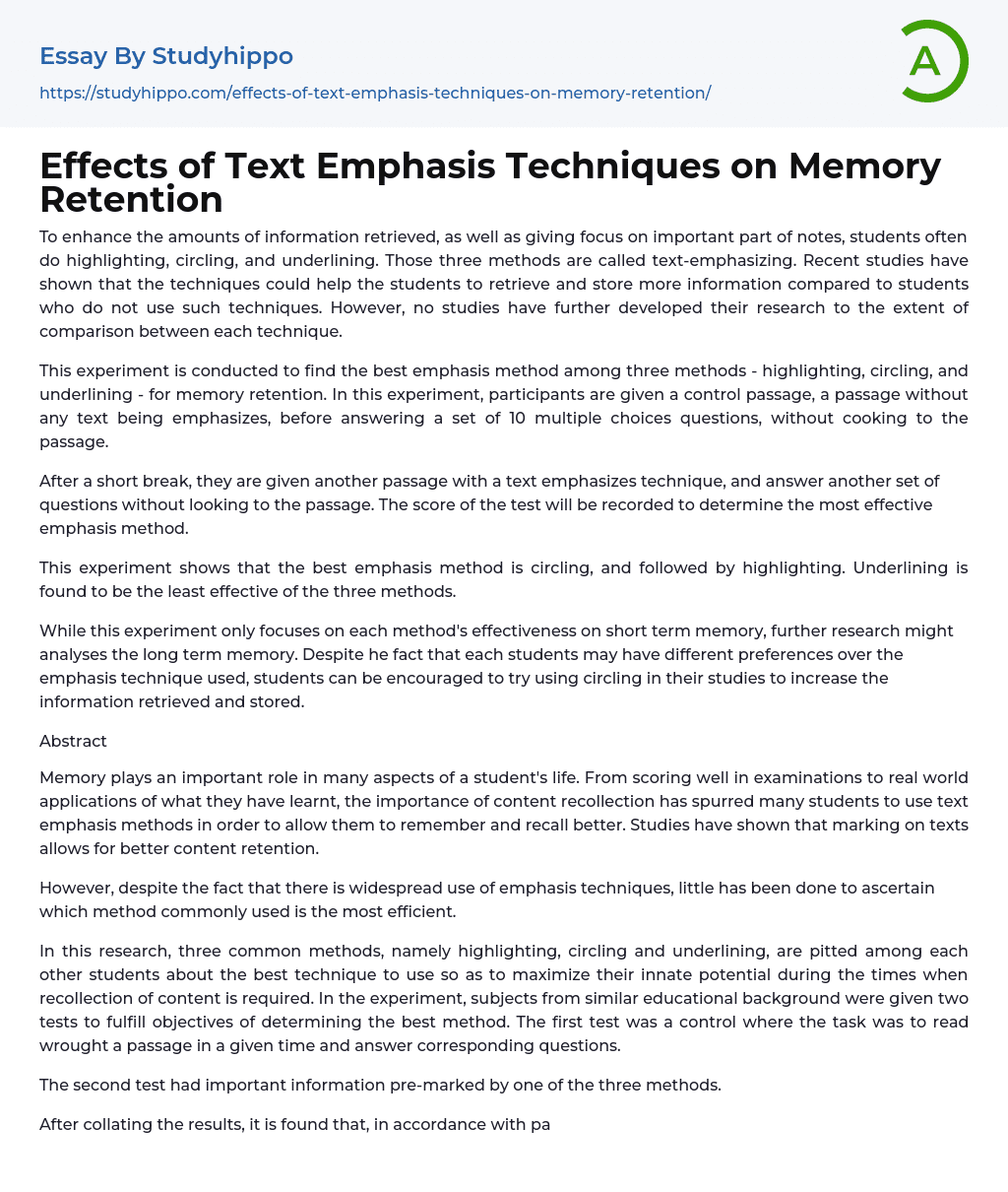 Effects of Text Emphasis Techniques on Memory Retention Essay Example