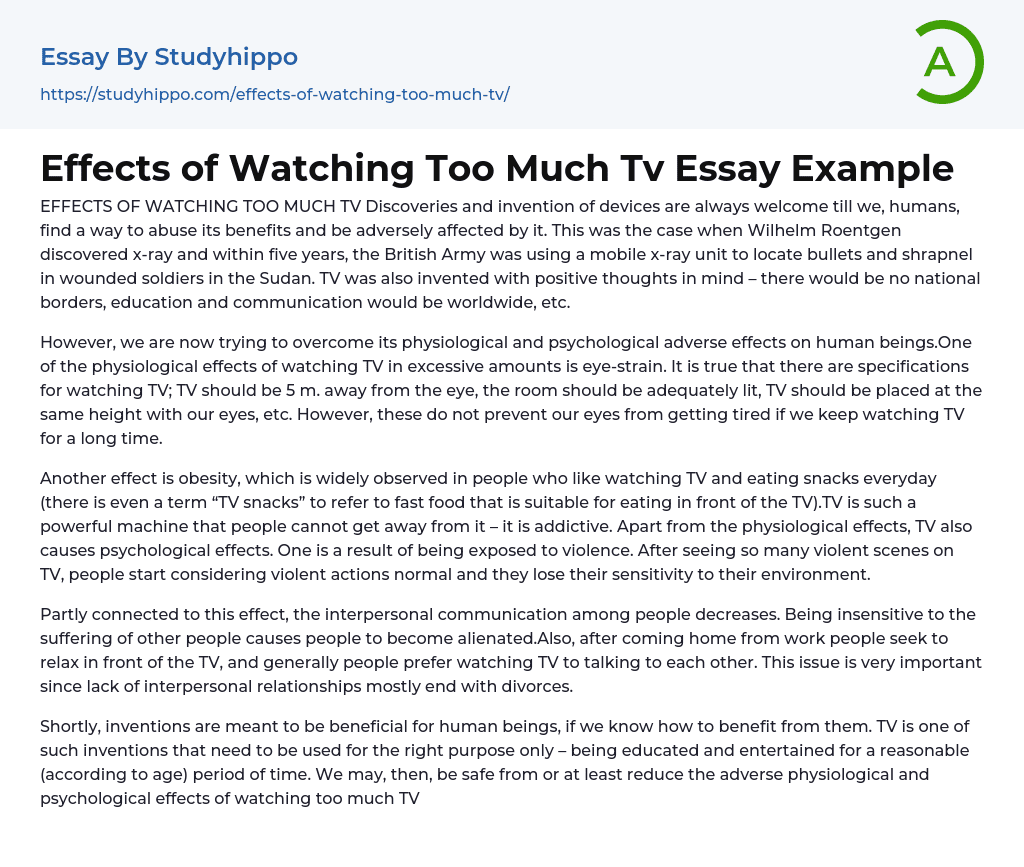 Effects of Watching Too Much Tv Essay Example