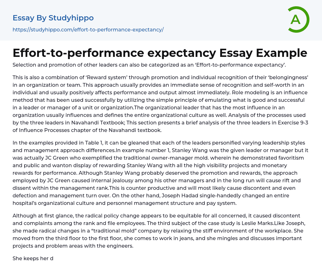 Effort-to-performance expectancy Essay Example