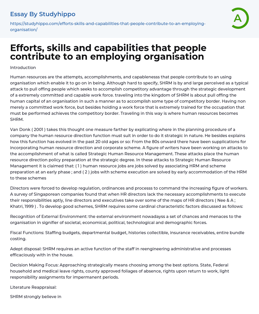 Efforts, skills and capabilities that people contribute to an employing organisation Essay Example