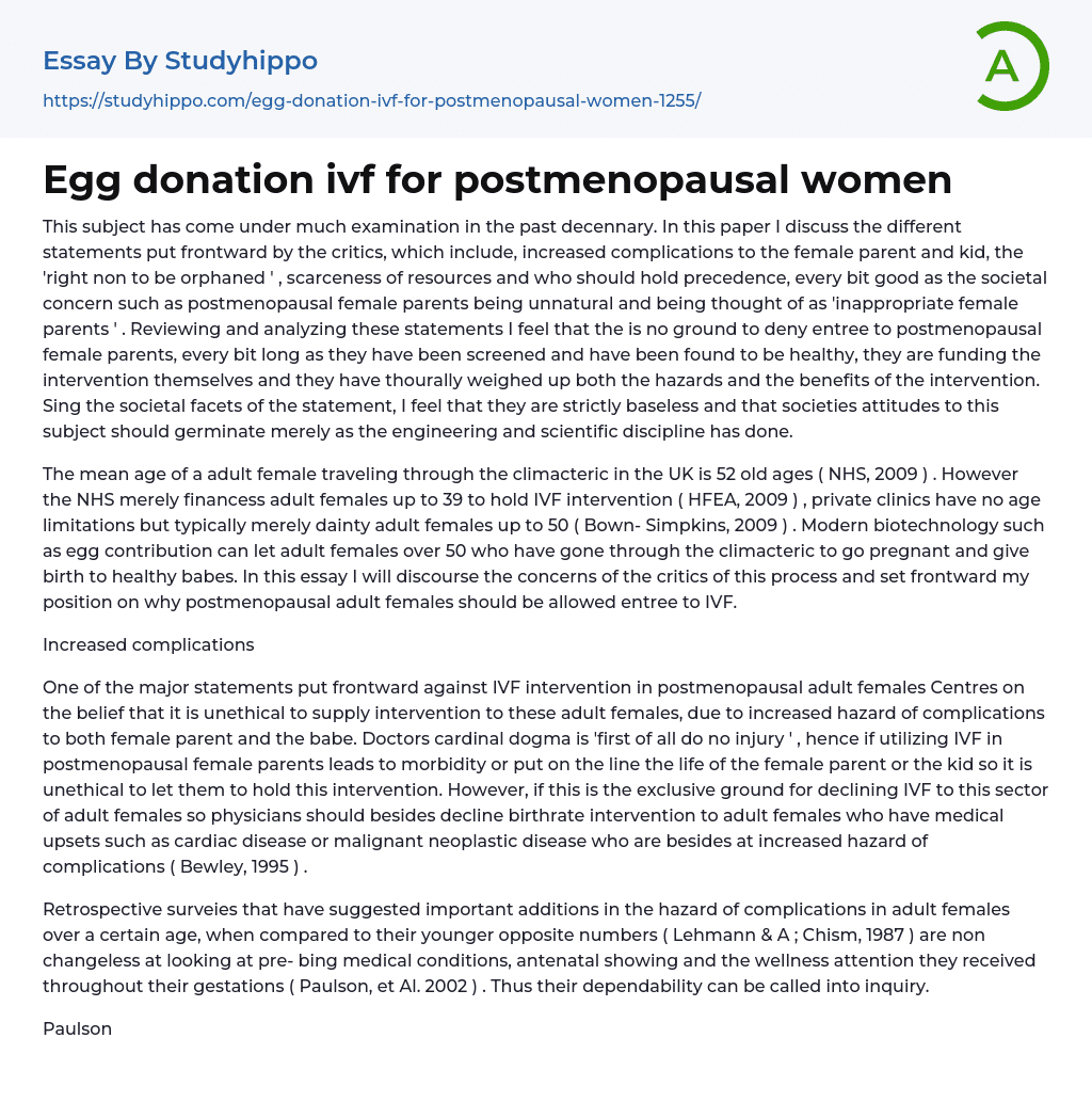 Egg donation ivf for postmenopausal women Essay Example