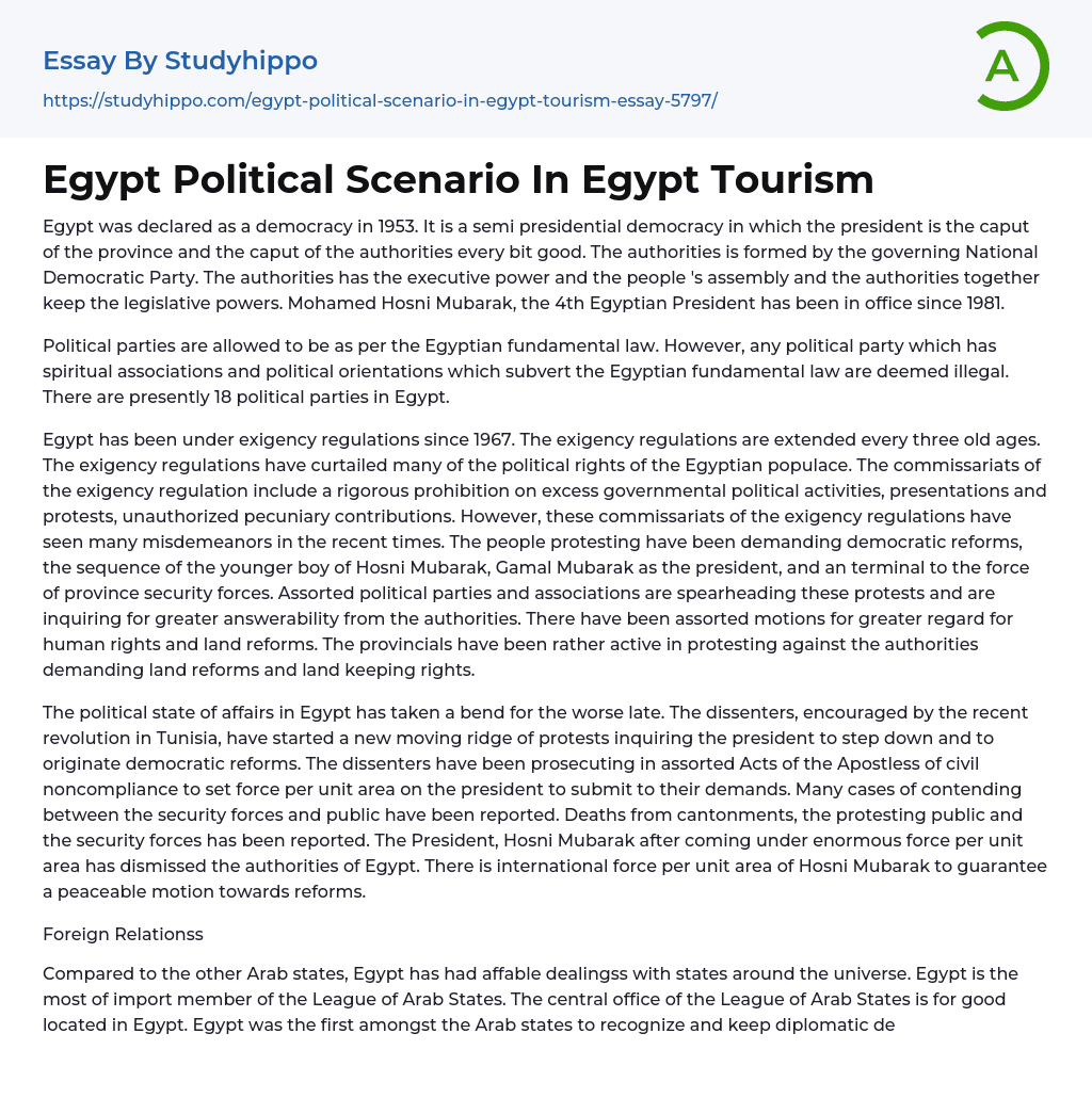 Egypt Political Scenario In Egypt Tourism Essay Example
