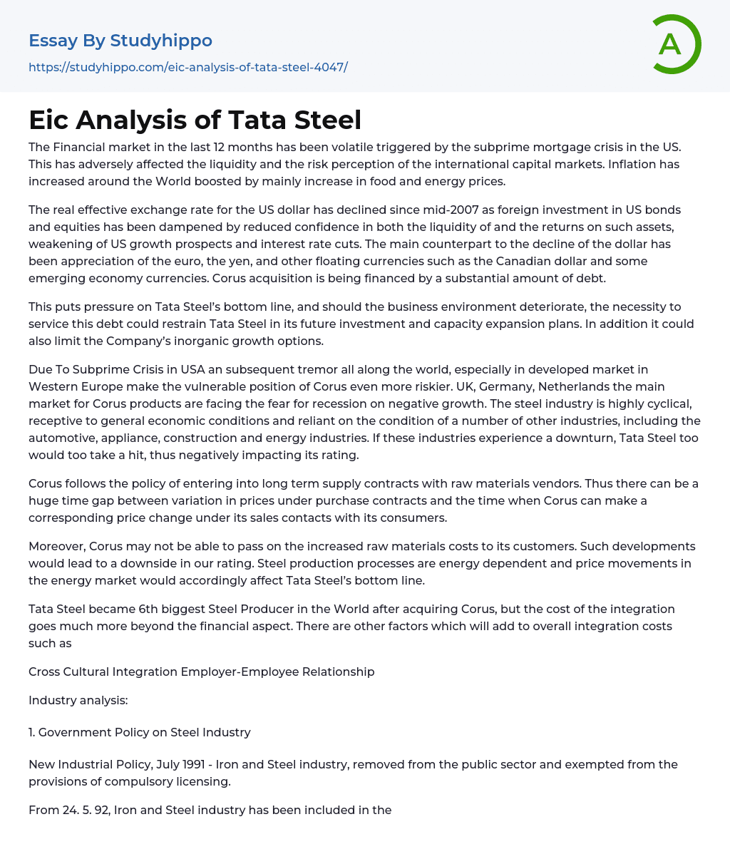 Eic Analysis of Tata Steel Essay Example