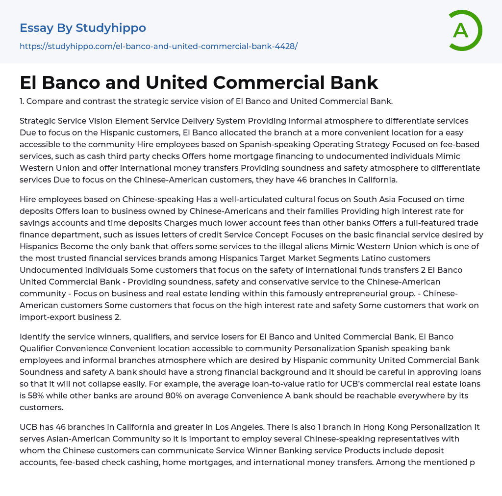 El Banco and United Commercial Bank Essay Example