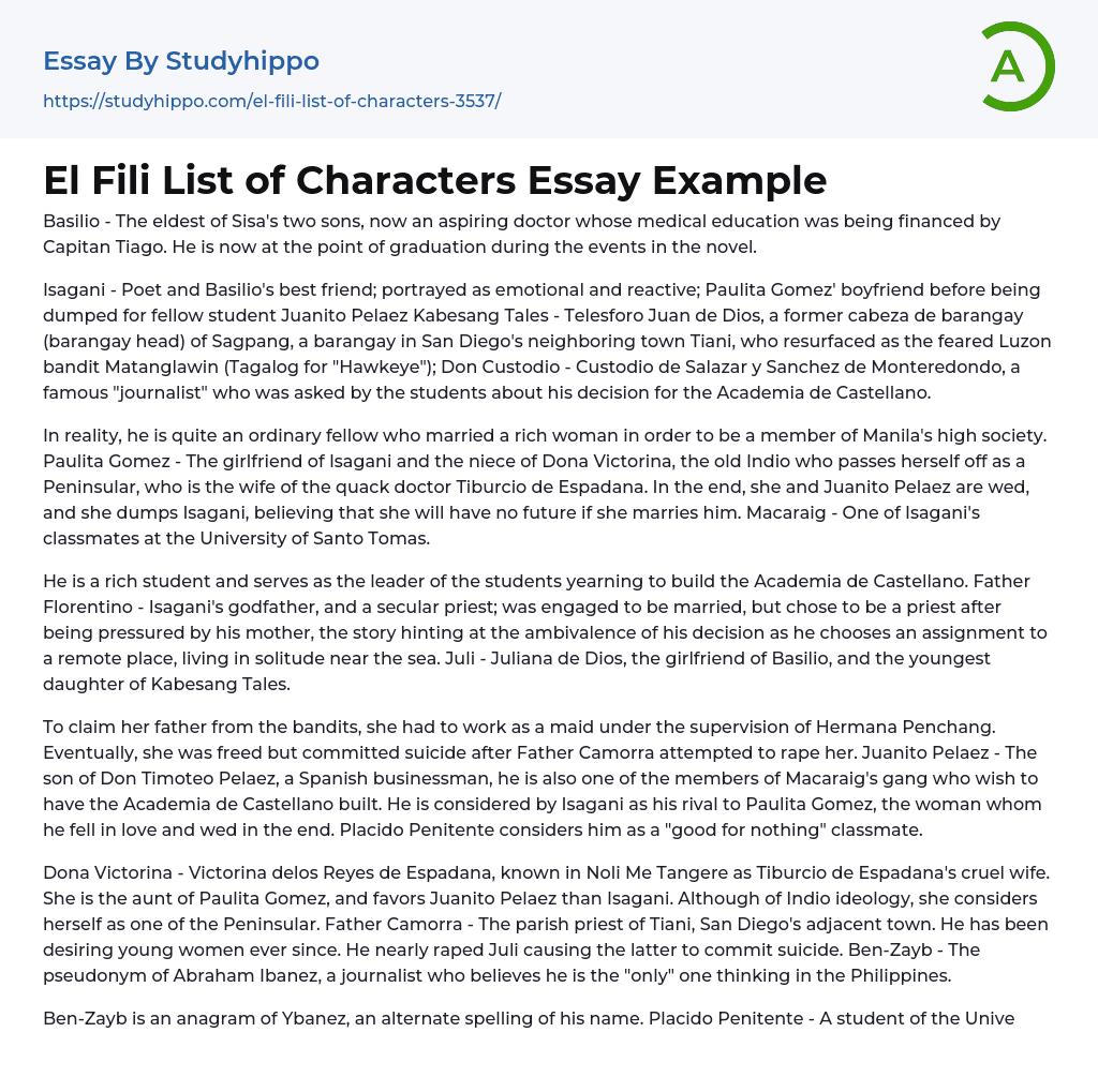 El Fili List of Characters Essay Example