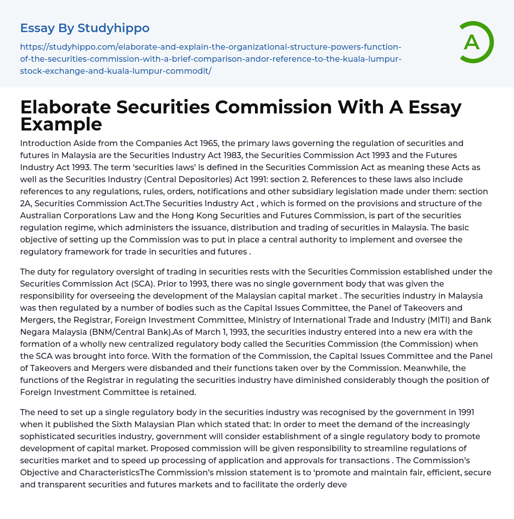 Elaborate Securities Commission With A Essay Example