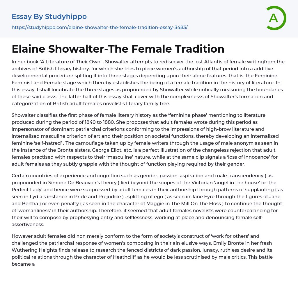 Elaine Showalter-The Female Tradition Essay Example