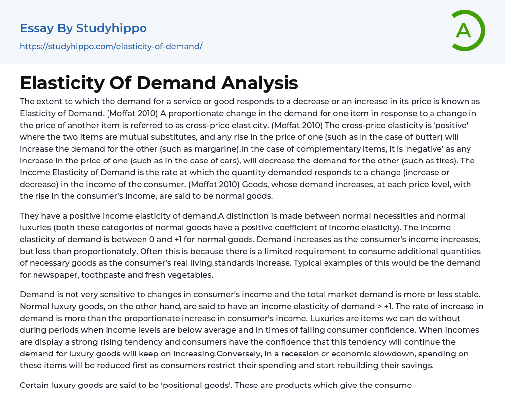 Elasticity Of Demand Analysis Essay Example