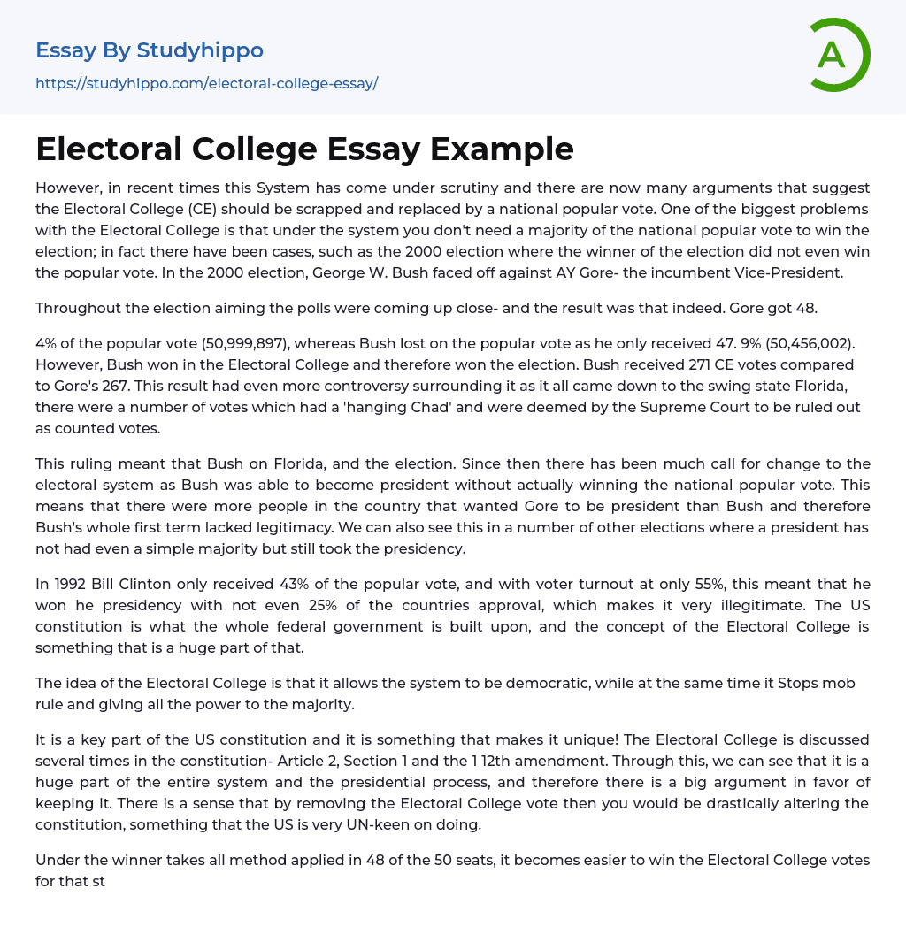 Electoral College Essay Example