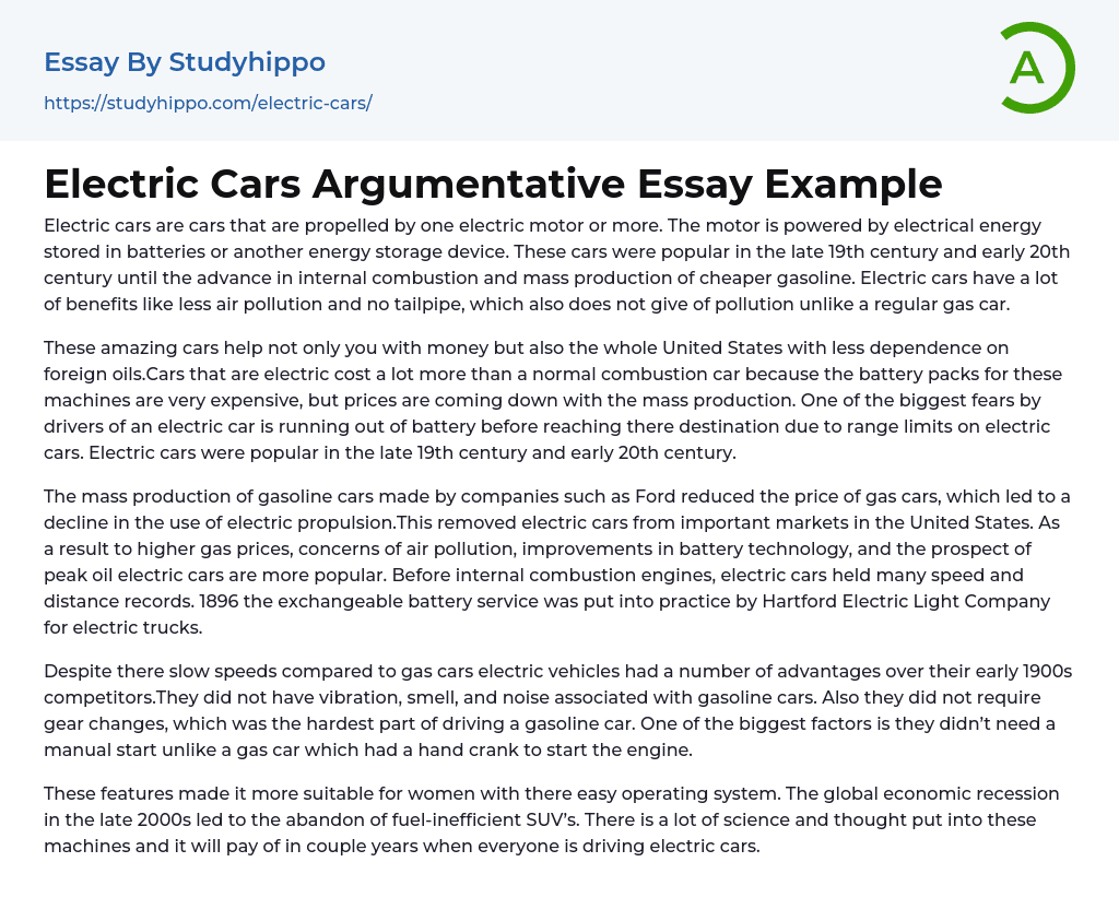 Electric Cars Argumentative Essay Example