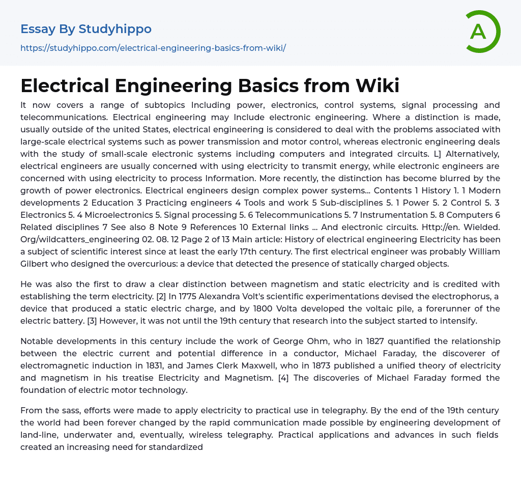 Electrical Engineering Basics from Wiki Essay Example