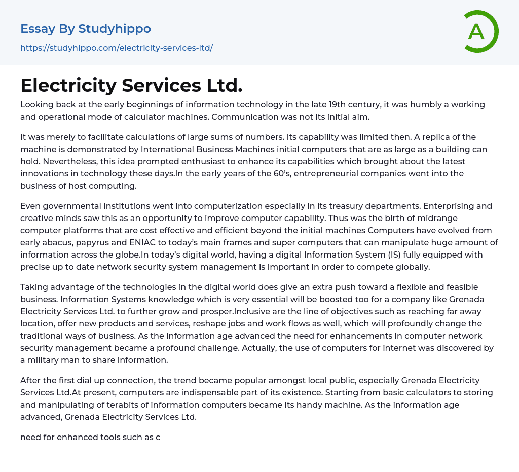 Electricity Services Ltd. Essay Example