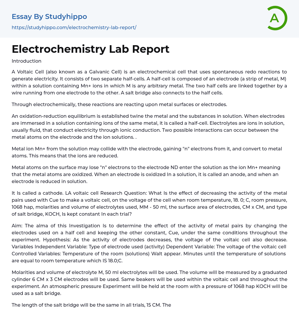 Electrochemistry Lab Report Essay Example