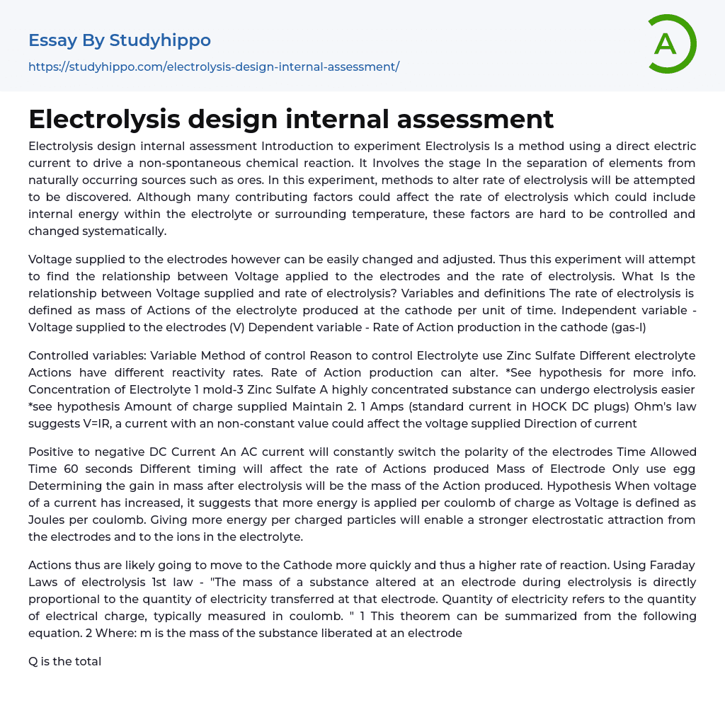 Electrolysis design internal assessment Essay Example