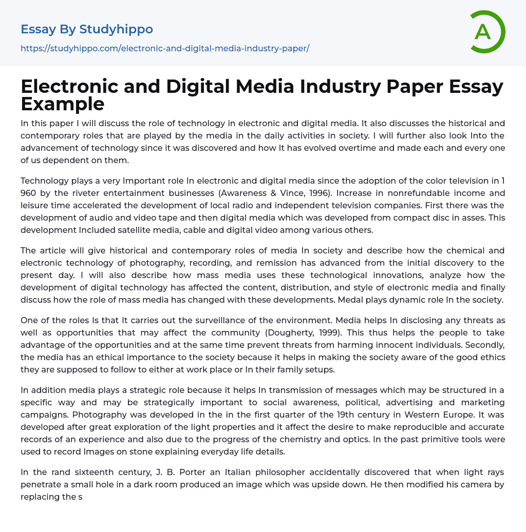 Electronic and Digital Media Industry Paper Essay Example