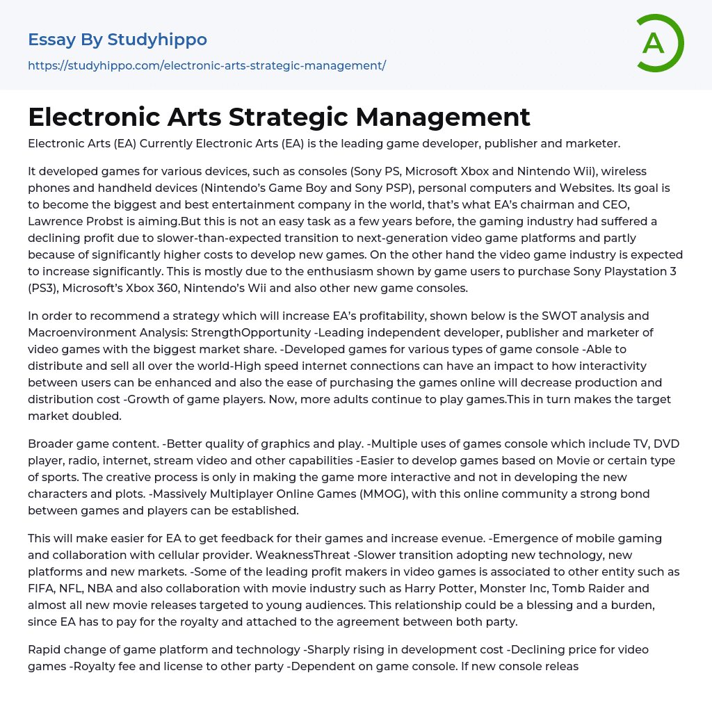 Electronic Arts Strategic Management Essay Example