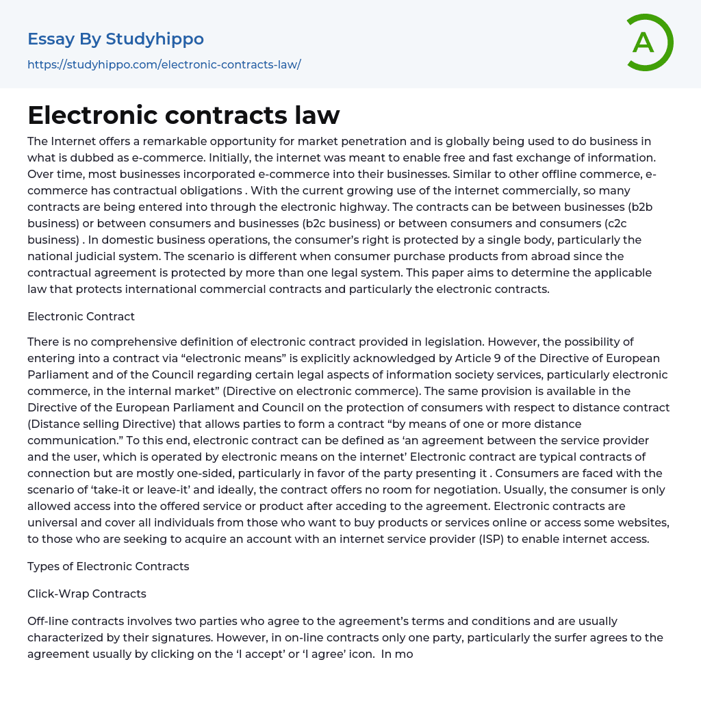 Electronic contracts law Essay Example