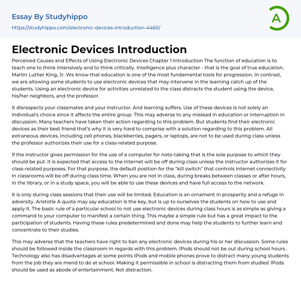 Electronic Devices Introduction Essay Example