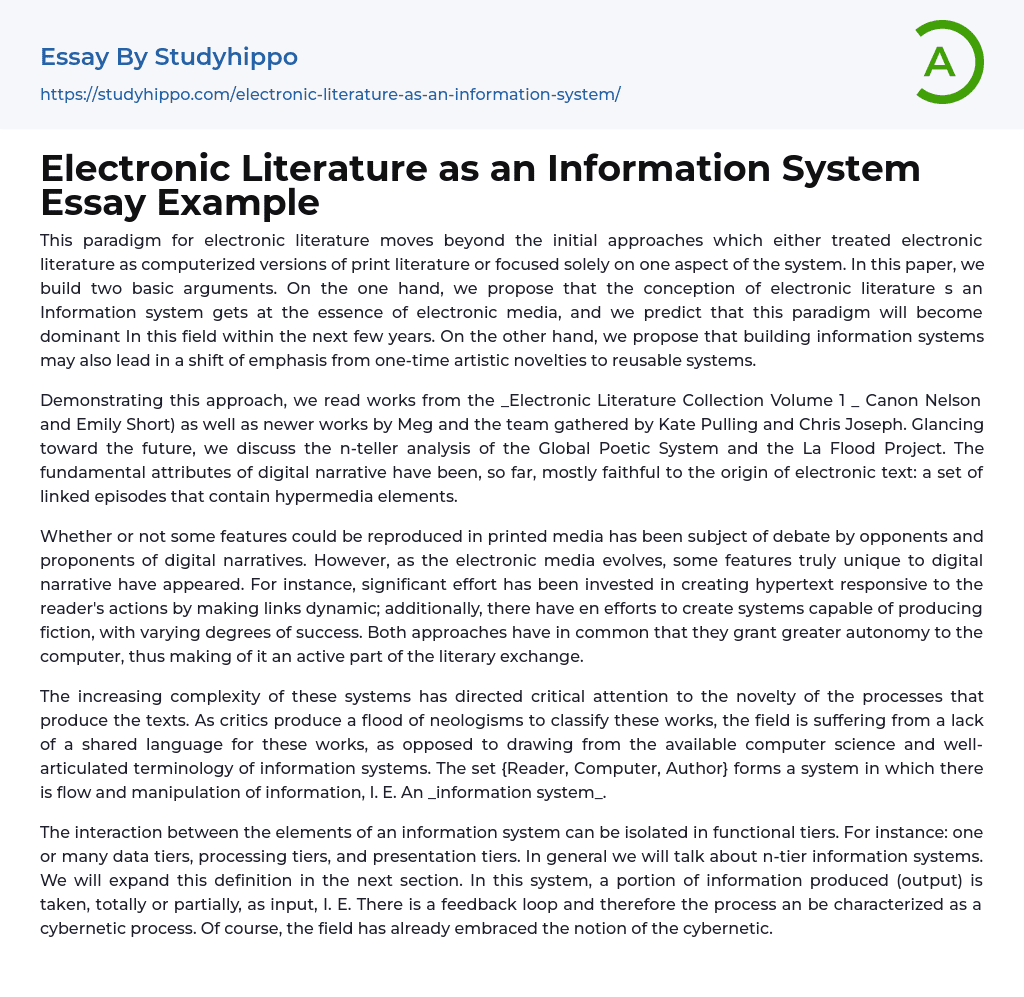 Electronic Literature as an Information System Essay Example