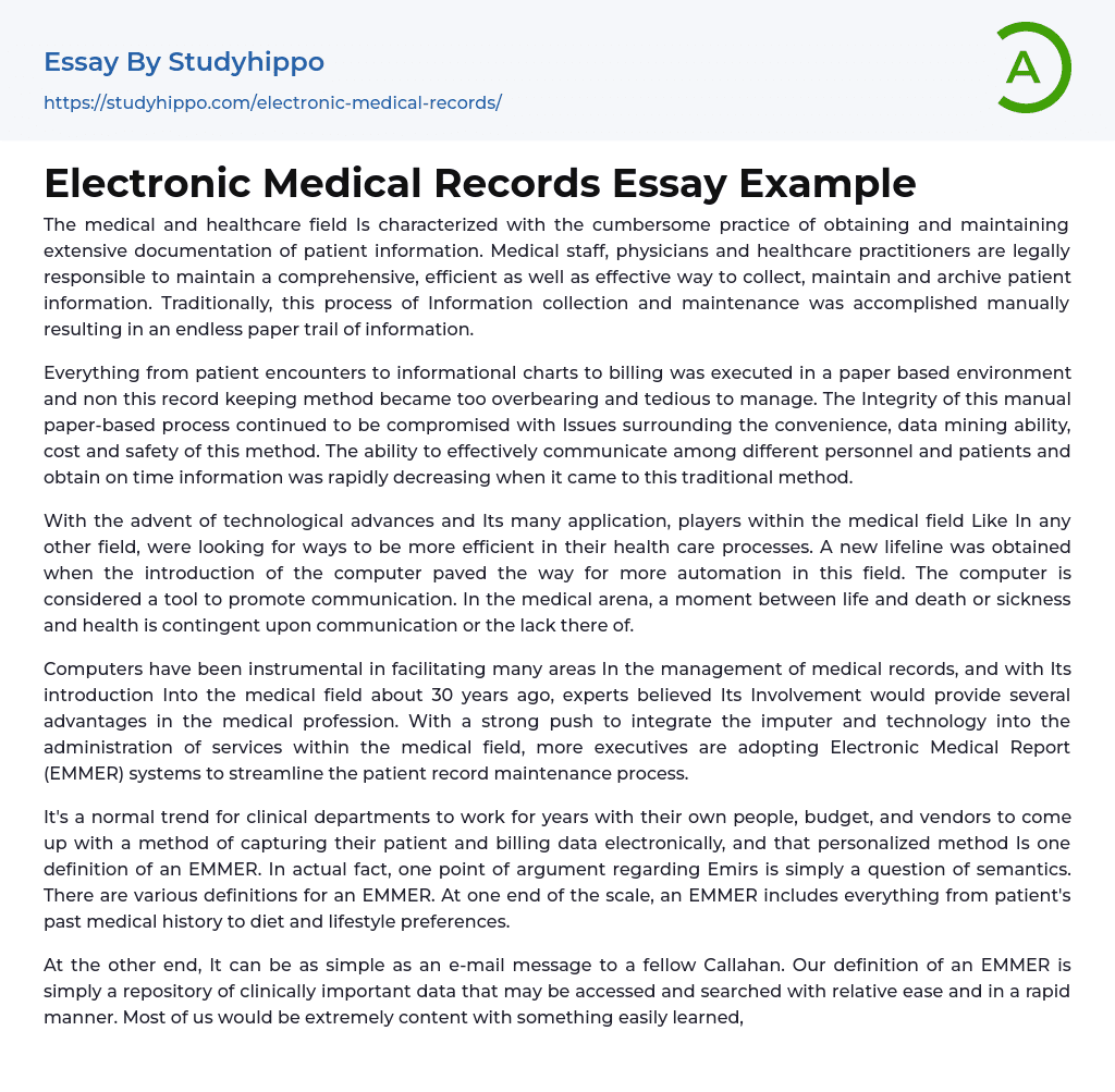 Electronic Medical Records Essay Example