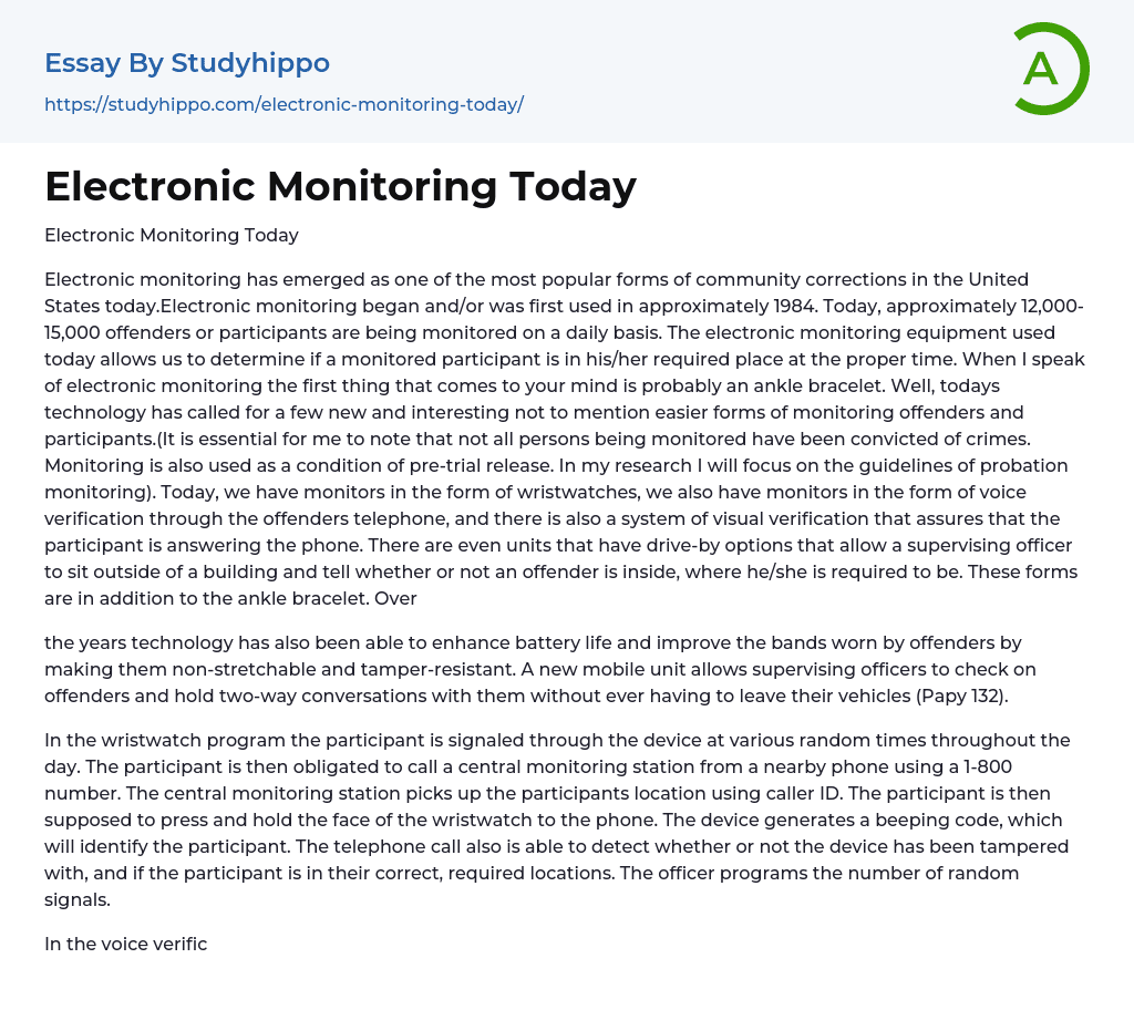 Electronic Monitoring Today Essay Example