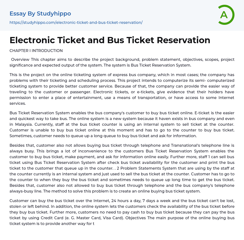 Electronic Ticket and Bus Ticket Reservation Essay Example