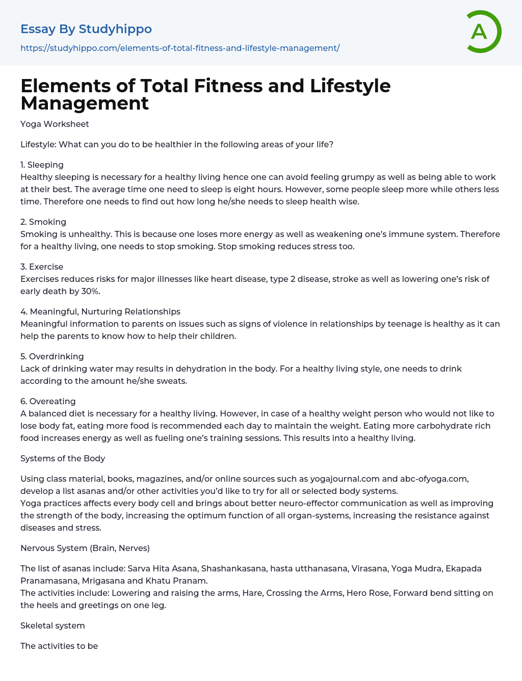 Elements of Total Fitness and Lifestyle Management Essay Example