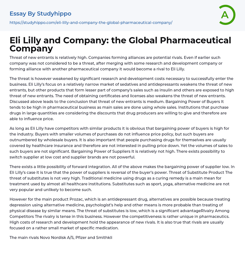 Eli Lilly and Company: the Global Pharmaceutical Company Essay Example