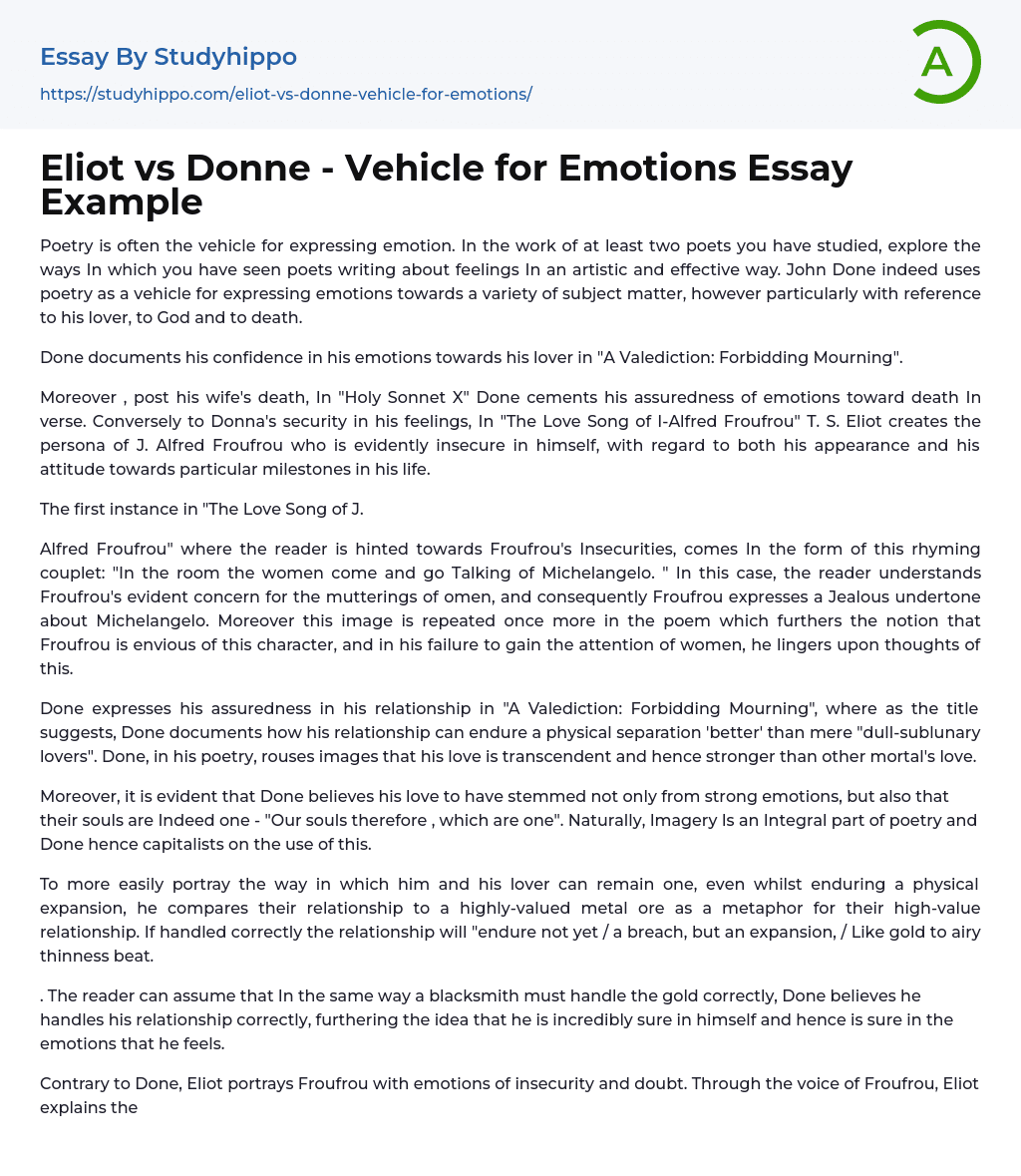 Eliot vs Donne – Vehicle for Emotions Essay Example