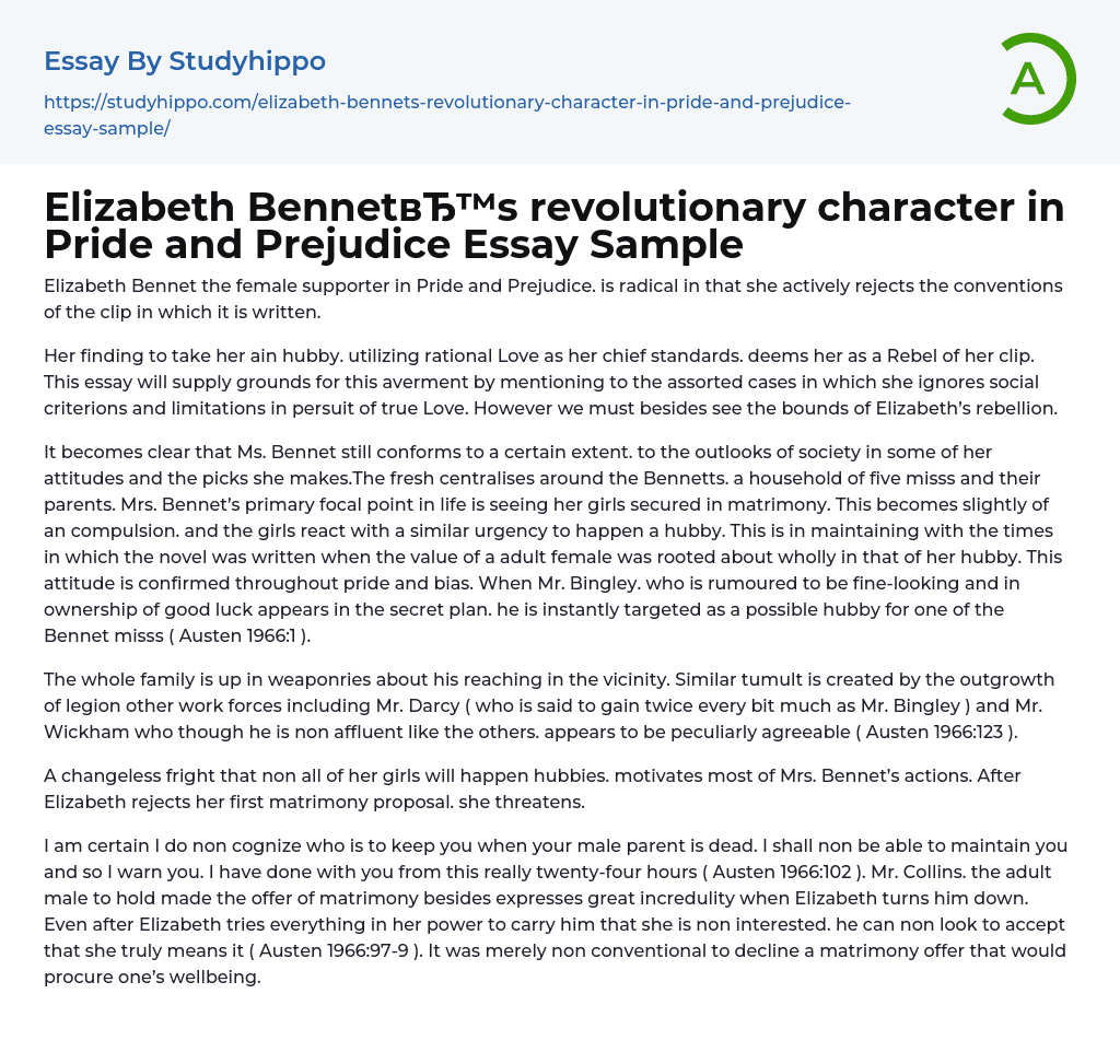 Elizabeth Bennet’s revolutionary character in Pride and Prejudice Essay Sample