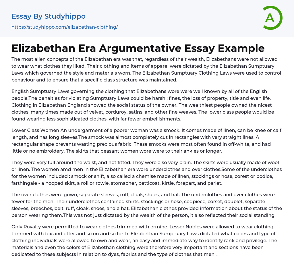 Elizabethan Era Argumentative Essay Example