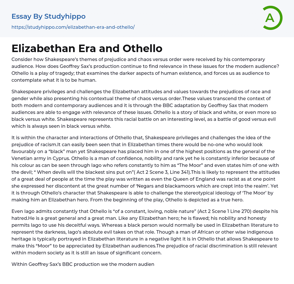 Elizabethan Era and Othello Essay Example